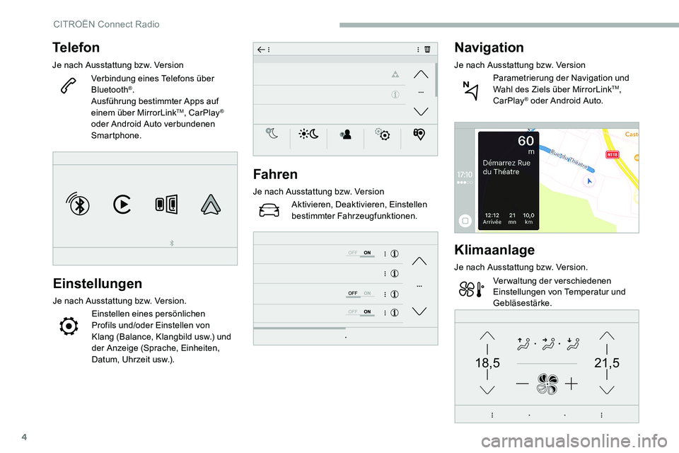 CITROEN C5 AIRCROSS 2020  Betriebsanleitungen (in German) 4
21,518,5
Telefon
Je nach Ausstattung bzw. VersionVerbindung eines Telefons über 
Bluetooth
®.
Ausführung bestimmter Apps auf 
einem über MirrorLink
TM, CarPlay® 
oder Android Auto verbundenen 
