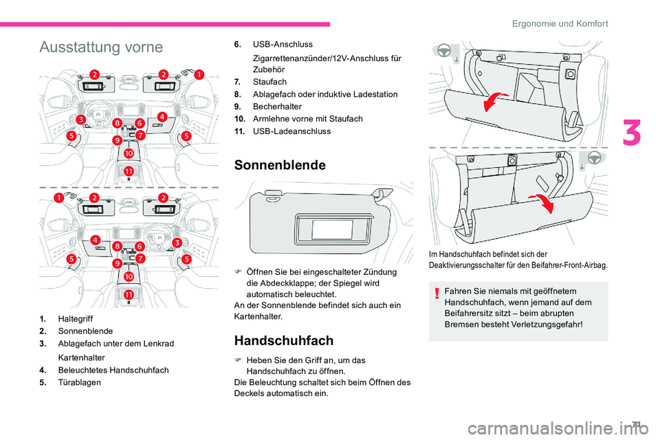 CITROEN C5 AIRCROSS 2020  Betriebsanleitungen (in German) 71
Ausstattung vorne6.USB-Anschluss
Zigarrettenanzünder/12V-Anschluss für 
Zubehör
7. Staufach
8. Ablagefach oder induktive Ladestation
9. Becherhalter
10. Armlehne vorne mit Staufach
11. USB-Ladea