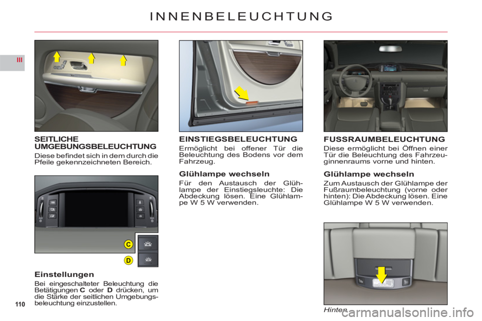 CITROEN C6 2012  Betriebsanleitungen (in German) 110
III
C
D
INNENBELEUCHTUNG
SEITLICHE UMGEBUNGSBELEUCHTUNG
Diese beﬁ ndet sich in dem durch diePfeile gekennzeichneten Bereich.
Einstellungen
Bei eingeschalteter Beleuchtung die
Betätigungen Coder