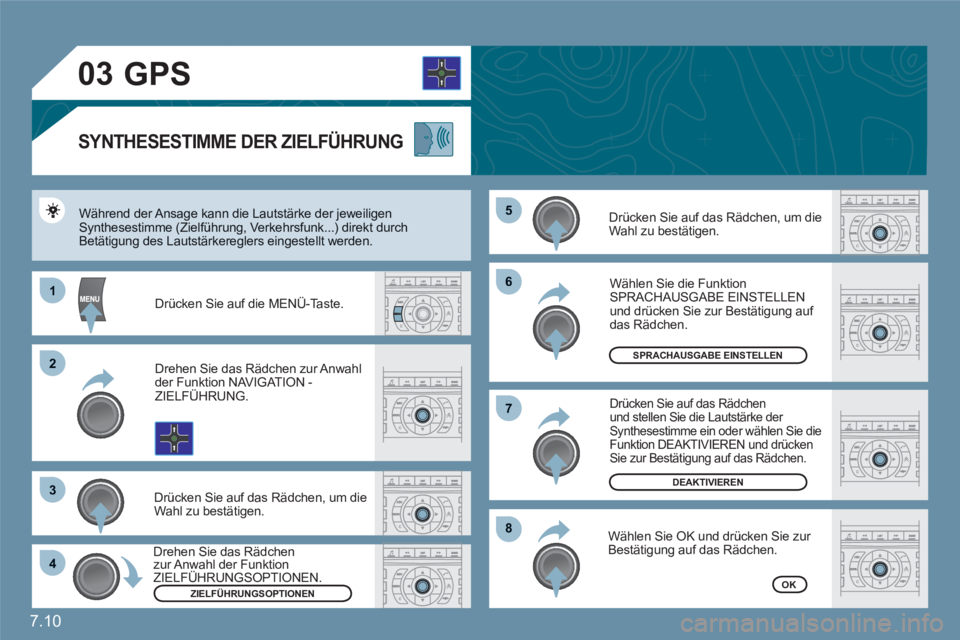 CITROEN C6 2012  Betriebsanleitungen (in German) 7.10
03
66
88
77
55
11
22
33
44
GPS 
   SYNTHESESTIMME DER ZIELFÜHRUNG 
Drücken Sie auf das Rädchen, um die Wahl zu bestätigen. 
 
Während der Ansage kann die Lautstärke der jeweiligenSynthesest