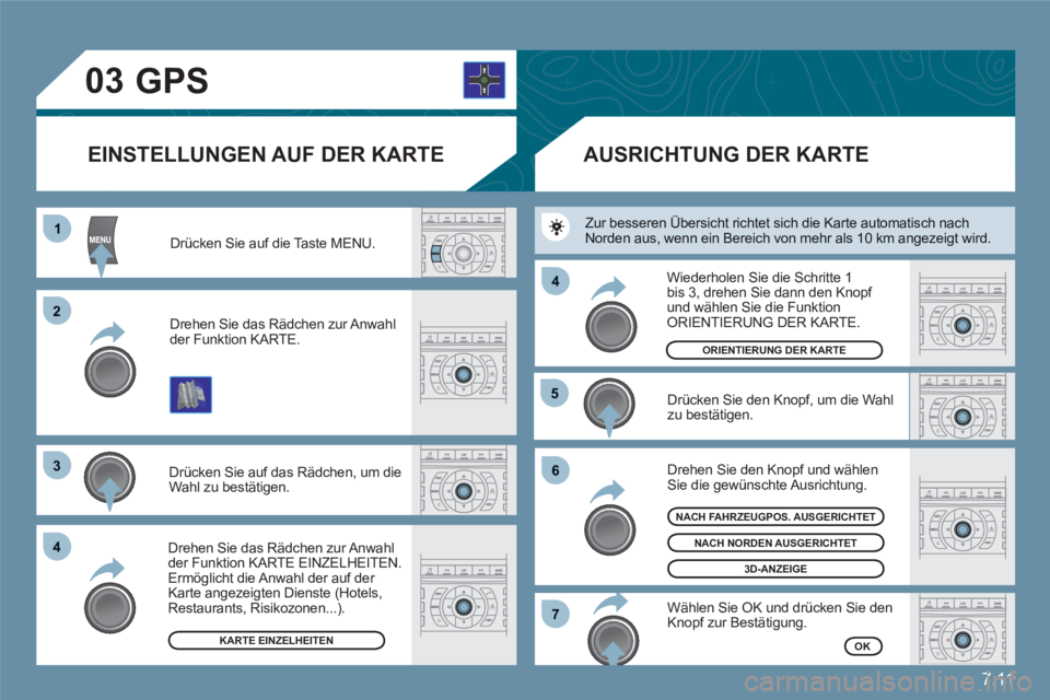 CITROEN C6 2012  Betriebsanleitungen (in German) 7.11
03
11
22
33
44
55
66
77
44
  Drücken Sie auf die Taste MENU. 
Drehen Sie das Rädchen zur Anwahl der Funktion KARTE.
 
Drücken Sie auf das Rädchen, um die Wahl zu bestätigen.
Drehen Sie das R