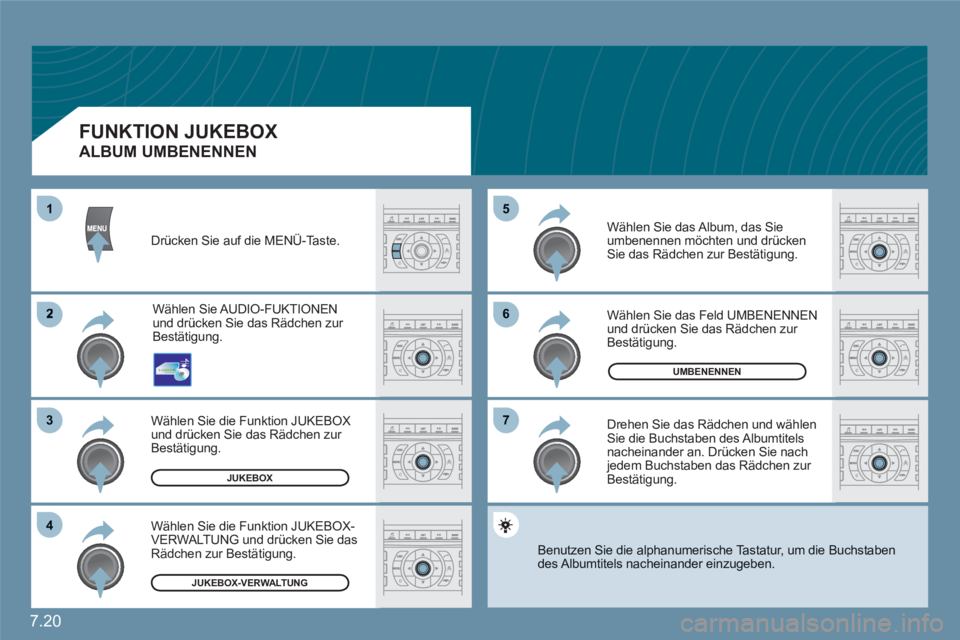 CITROEN C6 2012  Betriebsanleitungen (in German) 7.20
66
77
55
2
33
44
11
UMBENENNEN
JUKEBOX
JUKEBOX-VERWALTUNG
Drücken Sie auf die MENÜ-Taste.
Wählen Sie AUDIO-FUKTIONEN und drücken Sie das Rädchen zur Bestätigung. 
Wählen Sie die Funktion J