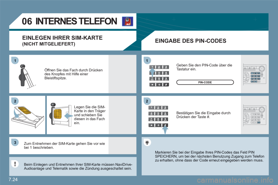 CITROEN C6 2012  Betriebsanleitungen (in German) 7.24
11
22
33
11
22
06INTERNES TELEFON  
EINGABE DES PIN-CODES
Öffnen Sie das Fach durch Drücken des Knopfes mit Hilfe einer Bleistiftspitze.
Legen Sie die SIM-Karte in den Träger und schieben Sied