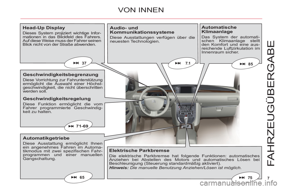 CITROEN C6 2012 Betriebsanleitungen (in German) 7
FAHRZE
UGÜ
BER
G
AB
E
65
7.1
71-69
75
8537
VON INNEN
Head-Up Display
Dieses System projiziert wichtige Infor-mationen in das Blickfeld des Fahrers. Auf diese Weise muss der Fahrer seinen Blick nich CITROEN C6 2012 Betriebsanleitungen (in German) 7
FAHRZE
UGÜ
BER
G
AB
E
65
7.1
71-69
75
8537
VON INNEN
Head-Up Display
Dieses System projiziert wichtige Infor-mationen in das Blickfeld des Fahrers. Auf diese Weise muss der Fahrer seinen Blick nich