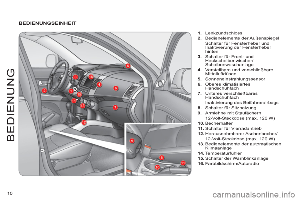 CITROEN C-CROSSER 2012  Betriebsanleitungen (in German) 10
BEDIEN
U
N
G
   
BEDIENUNGSEINHEIT
1. 
 Lenkzündschloss 
2. 
 Bedienelemente der Außenspiegel 
Schalter für Fensterheber und
Inaktivierung der Fensterheber 
hinten
3.   Schalter für Front- und 