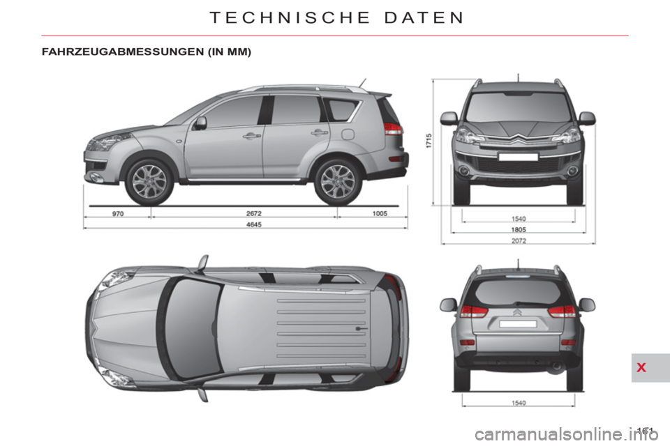 CITROEN C-CROSSER 2012  Betriebsanleitungen (in German) X
TECHNISCHE DATEN
161 
FAHRZEUGABMESSUNGEN (IN MM) 