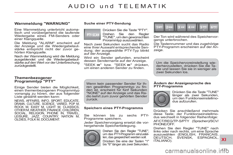 CITROEN C-CROSSER 2012 Betriebsanleitungen (in German) XI
171
AUDIO und TELEMATIK
Themenbezogener Programmtyp "PTY"
Einige Sender bieten die Möglichkeit,
einen themenbezogenen Programmtyp
vorrangig zu hören, der aus folgender
Liste gewählt w CITROEN C-CROSSER 2012 Betriebsanleitungen (in German) XI
171
AUDIO und TELEMATIK
Themenbezogener Programmtyp "PTY"
Einige Sender bieten die Möglichkeit,
einen themenbezogenen Programmtyp
vorrangig zu hören, der aus folgender
Liste gewählt w