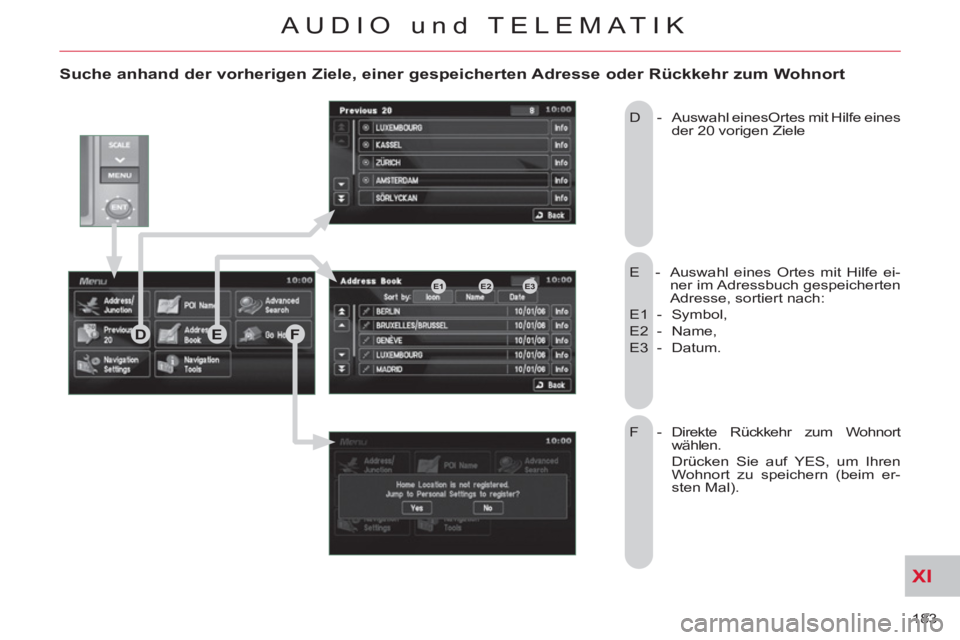 CITROEN C-CROSSER 2012  Betriebsanleitungen (in German) XI
183 
AUDIO und TELEMATIK
   
Suche anhand der vorherigen Ziele, einer gespeicherten Adresse oder Rückkehr zum Wohnort 
 
E  -  Auswahl eines Ortes mit Hilfe ei-
ner im Adressbuch gespeicherten 
Ad