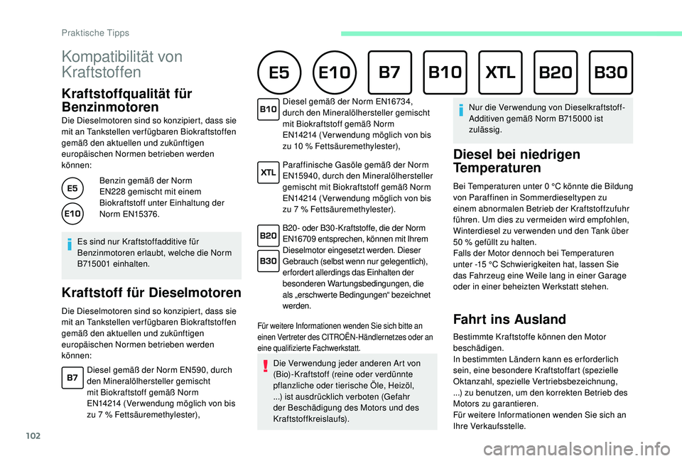 CITROEN C-ELYSÉE 2018 Betriebsanleitungen (in German) 102
Kompatibilität von
Kraftstoffen
Kraftstoffqualität für
Benzinmotoren
Die Dieselmotoren sind so konzipiert, dass sie
mit an Tankstellen ver fügbaren Biokraftstoffen
gemäß den aktuellen un CITROEN C-ELYSÉE 2018 Betriebsanleitungen (in German) 102
Kompatibilität von
Kraftstoffen
Kraftstoffqualität für
Benzinmotoren
Die Dieselmotoren sind so konzipiert, dass sie
mit an Tankstellen ver fügbaren Biokraftstoffen
gemäß den aktuellen un