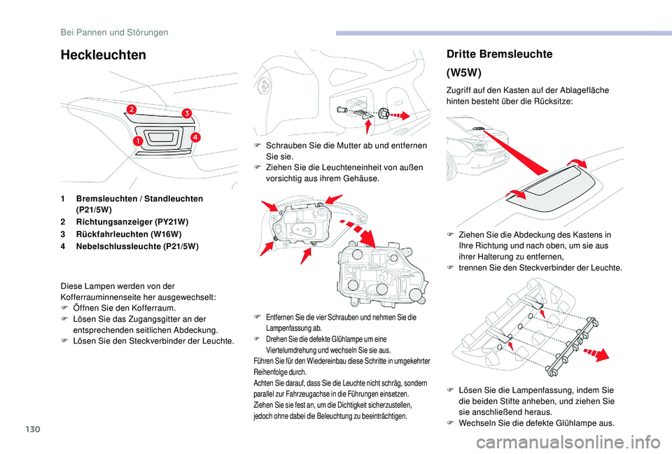 CITROEN C-ELYSÉE 2018  Betriebsanleitungen (in German) 130
HeckleuchtenDritte Bremsleuchte
(W5W)
Zugriff auf den Kasten auf der Ablagefläche 
hinten besteht über die Rücksitze:
F 
L
 ösen Sie die Lampenfassung, indem Sie 
die beiden Stifte anheben, un