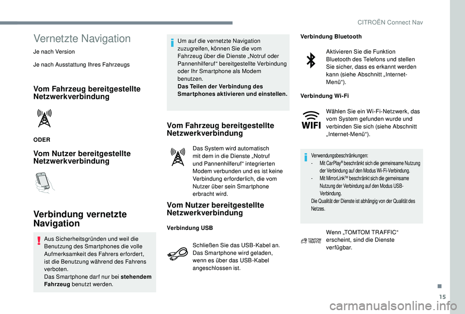 CITROEN C-ELYSÉE 2018 Betriebsanleitungen (in German) 15
Vernetzte Navigation
Je nach Version
Je nach Ausstattung Ihres Fahrzeugs
Vom Fahrzeug bereitgestellte
Netzwerkverbindung
ODER
Vom Nutzer bereitgestellte
Netzwerkverbindung
Verbindung vernetzte
N CITROEN C-ELYSÉE 2018 Betriebsanleitungen (in German) 15
Vernetzte Navigation
Je nach Version
Je nach Ausstattung Ihres Fahrzeugs
Vom Fahrzeug bereitgestellte
Netzwerkverbindung
ODER
Vom Nutzer bereitgestellte
Netzwerkverbindung
Verbindung vernetzte
N