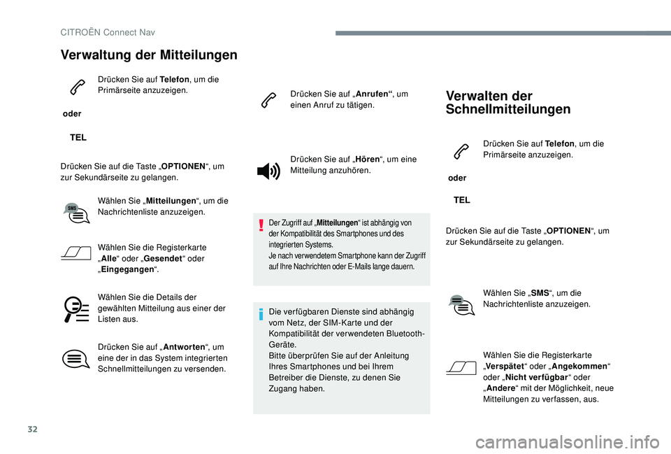 CITROEN C-ELYSÉE 2018 Betriebsanleitungen (in German) 32
Verwaltung der Mitteilungen
oder Drücken Sie auf Telefon
, um die
Primärseite anzuzeigen.
Drücken Sie auf die Taste „ OPTIONEN“, um
zur Sekundärseite zu gelangen.
Wählen Sie „ Mitteil CITROEN C-ELYSÉE 2018 Betriebsanleitungen (in German) 32
Verwaltung der Mitteilungen
oder Drücken Sie auf Telefon
, um die
Primärseite anzuzeigen.
Drücken Sie auf die Taste „ OPTIONEN“, um
zur Sekundärseite zu gelangen.
Wählen Sie „ Mitteil