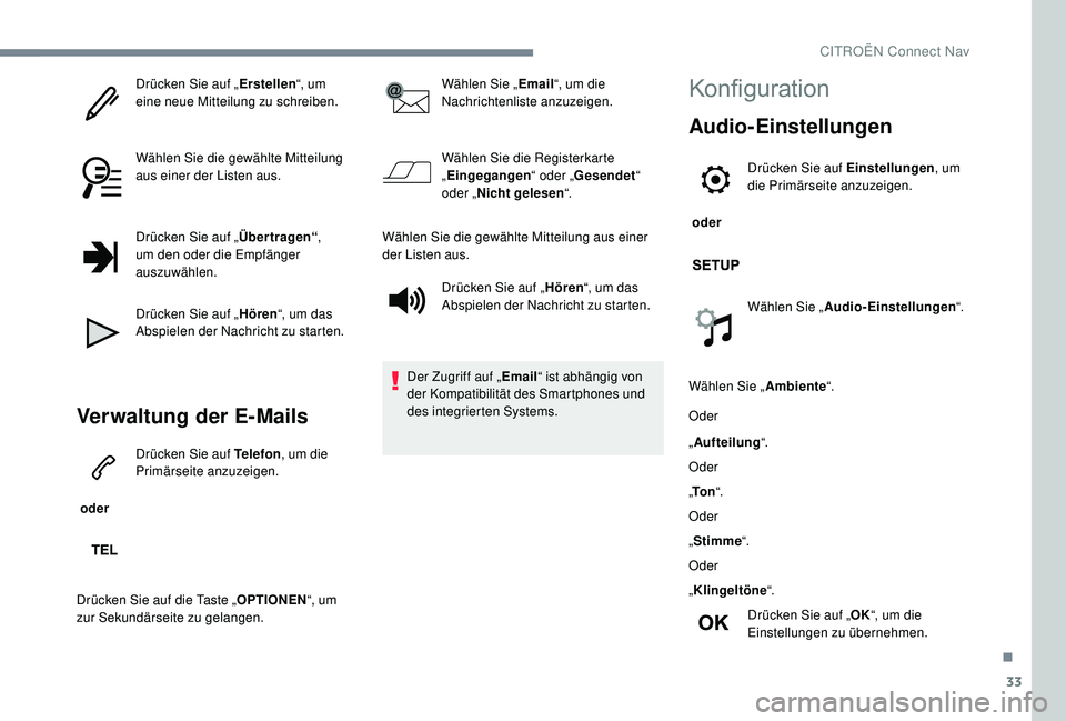 CITROEN C-ELYSÉE 2018 Betriebsanleitungen (in German) 33
Drücken Sie auf „Erstellen“, um
eine neue Mitteilung zu schreiben.
Wählen Sie die gewählte Mitteilung
aus einer der Listen aus.
Drücken Sie auf „ Übertragen“,
um den oder die Empfä CITROEN C-ELYSÉE 2018 Betriebsanleitungen (in German) 33
Drücken Sie auf „Erstellen“, um
eine neue Mitteilung zu schreiben.
Wählen Sie die gewählte Mitteilung
aus einer der Listen aus.
Drücken Sie auf „ Übertragen“,
um den oder die Empfä