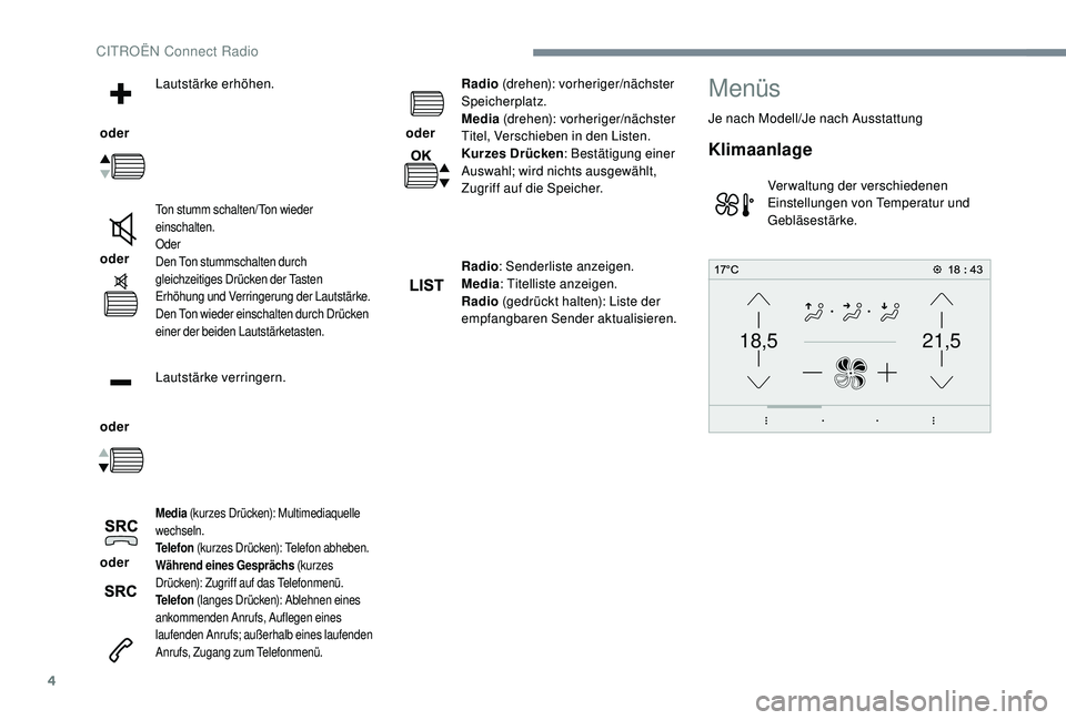 CITROEN C-ELYSÉE 2018 Betriebsanleitungen (in German) 4
21,518,5
oder Lautstärke erhöhen.
oder
Ton stumm schalten/Ton wieder
einschalten.
Oder
Den Ton stummschalten durch
gleichzeitiges Drücken der Tasten
Erhöhung und Verringerung der Lautstär CITROEN C-ELYSÉE 2018 Betriebsanleitungen (in German) 4
21,518,5
oder Lautstärke erhöhen.
oder
Ton stumm schalten/Ton wieder
einschalten.
Oder
Den Ton stummschalten durch
gleichzeitiges Drücken der Tasten
Erhöhung und Verringerung der Lautstär