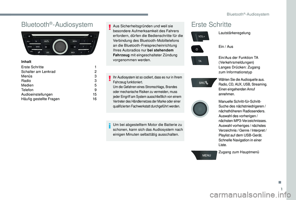 CITROEN C-ELYSÉE 2018 Betriebsanleitungen (in German) 1
VOL+
TA
Bluetooth®-Audiosystem
Inhalt
Erste Schritte
1
S
chalter am Lenkrad
2
M
enüs
3
R
adio
3
M
edien
5
T
elefon
9
A
udioeinstellungen
1
5
Häufig gestellte Fragen
CITROEN C-ELYSÉE 2018 Betriebsanleitungen (in German) 1
VOL+
TA
Bluetooth®-Audiosystem
Inhalt
Erste Schritte
1
S
chalter am Lenkrad
2
M
enüs
3
R
adio
3
M
edien
5
T
elefon
9
A
udioeinstellungen
1
5
Häufig gestellte Fragen