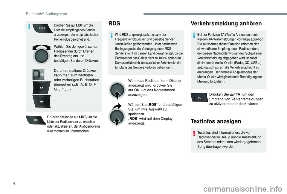 CITROEN C-ELYSÉE 2018 Betriebsanleitungen (in German) 4
TA
Drücken Sie auf LIST, um die
Liste der empfangenen Sender
anzuzeigen, die in alphabetischer
Reihenfolge geordnet sind.
Wählen Sie den gewünschten
Radiosender durch Drehen
des Drehreglers CITROEN C-ELYSÉE 2018 Betriebsanleitungen (in German) 4
TA
Drücken Sie auf LIST, um die
Liste der empfangenen Sender
anzuzeigen, die in alphabetischer
Reihenfolge geordnet sind.
Wählen Sie den gewünschten
Radiosender durch Drehen
des Drehreglers