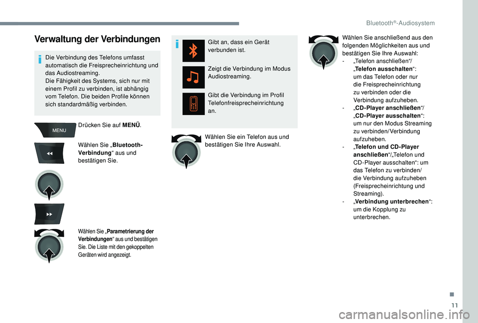 CITROEN C-ELYSÉE 2018  Betriebsanleitungen (in German) 11
Verwaltung der Verbindungen
Die Verbindung des Telefons umfasst 
automatisch die Freisprecheinrichtung und 
das Audiostreaming.
Die Fähigkeit des Systems, sich nur mit 
einem Profil zu verbinden, 