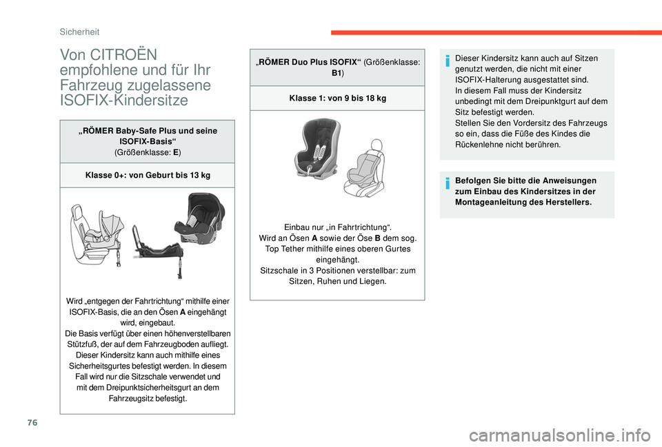 CITROEN C-ELYSÉE 2018 Betriebsanleitungen (in German) 76
Von CITROËN
empfohlene und für Ihr
Fahrzeug zugelassene
ISOFIX-Kindersitze
„RÖMER Baby- Safe Plus und seine ISOFIX-Basis“
(Größenklasse: E )
Klasse 0+: von Gebur t bis 13
kg
Wird „e CITROEN C-ELYSÉE 2018 Betriebsanleitungen (in German) 76
Von CITROËN
empfohlene und für Ihr
Fahrzeug zugelassene
ISOFIX-Kindersitze
„RÖMER Baby- Safe Plus und seine ISOFIX-Basis“
(Größenklasse: E )
Klasse 0+: von Gebur t bis 13
kg
Wird „e