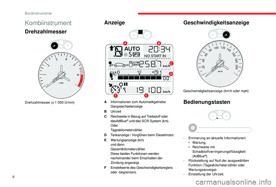 CITROEN C-ELYSÉE 2018  Betriebsanleitungen (in German) 8
Kombiinstrument
Drehzahlmesser
Drehzahlmesser (x 1 000 U/min)
Anzeige
AInformationen zum Automatikgetriebe
Gangwechselanzeige
B Uhrzeit
C Reichweite in Bezug auf Treibstoff oder 
dasAdBlue
® und da