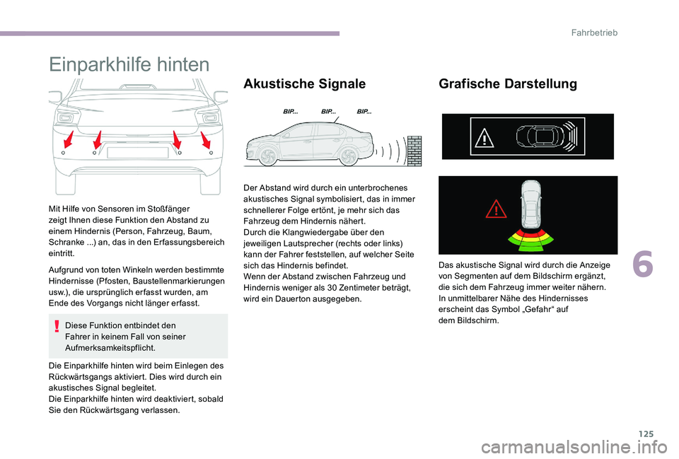 CITROEN C-ELYSÉE 2017  Betriebsanleitungen (in German) 125
Einparkhilfe hinten
Mit Hilfe von Sensoren im Stoßfänger 
zeigt Ihnen diese Funktion den Abstand zu 
einem Hindernis (Person, Fahrzeug, Baum, 
Schranke  ...) an, das in den Er fassungsbereich 
e