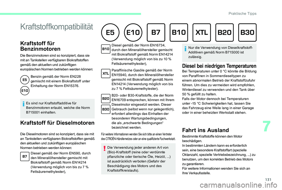 CITROEN C-ELYSÉE 2017  Betriebsanleitungen (in German) 131
Kraftstoff für 
Benzinmotoren
Die Benzinmotoren sind so konzipiert, dass sie 
mit an Tankstellen verfügbaren Biokraftstoffen 
gemäß den aktuellen und zukünftigen 
europäischen Normen betrieb