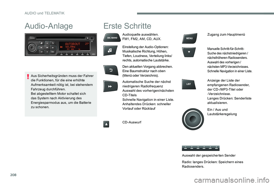CITROEN C-ELYSÉE 2017  Betriebsanleitungen (in German) 208
Audio-AnlageErste Schritte
Audioquelle auswählen.
FM1, FM2, AM, CD, AUX.
Einstellung der Audio-Optionen:
Musikalische Richtung, Höhen, 
Tiefen, Loudness, Verteilung links/
rechts, automatische L