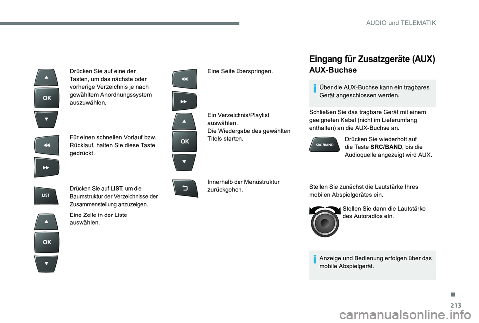 CITROEN C-ELYSÉE 2017  Betriebsanleitungen (in German) 213
Eingang für Zusatzgeräte (AUX)
AUX­Buchse
Über die AUX-Buchse kann ein tragbares 
Gerät angeschlossen werden.
Anzeige und Bedienung erfolgen über das 
mobile Abspielgerät.
Schließen Sie da