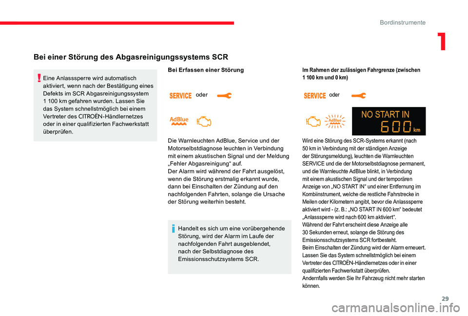 CITROEN C-ELYSÉE 2017  Betriebsanleitungen (in German) 29
Bei einer Störung des Abgasreinigungssystems SCR
Eine Anlasssperre wird automatisch 
aktiviert, wenn nach der Bestätigung eines 
Defekts im SCR Abgasreinigungssystem 
1 100  km gefahren wurden. L