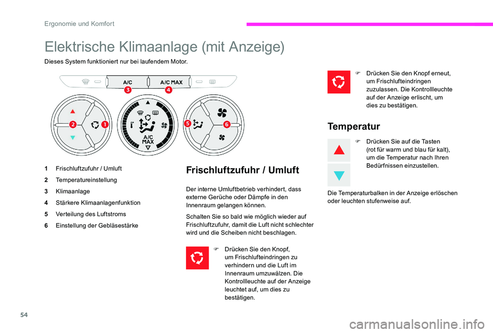 CITROEN C-ELYSÉE 2017 Betriebsanleitungen (in German) 54
Elektrische Klimaanlage (mit Anzeige)
Dieses System funktioniert nur bei laufendem Motor.
1Frischluftzufuhr / Umluft
2 Temperatureinstellung
3 Klimaanlage
4 Stärkere Klimaanlagenfunktion
5 Verteil CITROEN C-ELYSÉE 2017 Betriebsanleitungen (in German) 54
Elektrische Klimaanlage (mit Anzeige)
Dieses System funktioniert nur bei laufendem Motor.
1Frischluftzufuhr / Umluft
2 Temperatureinstellung
3 Klimaanlage
4 Stärkere Klimaanlagenfunktion
5 Verteil