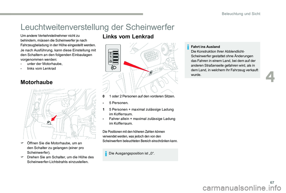 CITROEN C-ELYSÉE 2017 Betriebsanleitungen (in German) 67
Leuchtweitenverstellung der Scheinwerfer
Um andere Verkehrsteilnehmer nicht zu
behindern, müssen die Scheinwerfer je nach
Fahrzeugbeladung in der Höhe eingestellt werden.
Je nach Ausführung, k CITROEN C-ELYSÉE 2017 Betriebsanleitungen (in German) 67
Leuchtweitenverstellung der Scheinwerfer
Um andere Verkehrsteilnehmer nicht zu
behindern, müssen die Scheinwerfer je nach
Fahrzeugbeladung in der Höhe eingestellt werden.
Je nach Ausführung, k