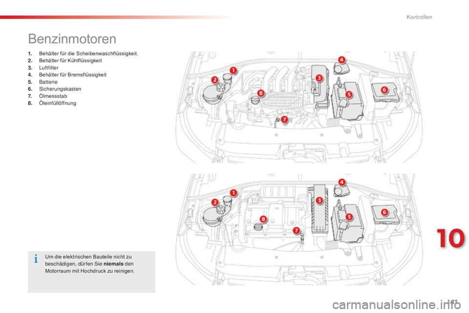 CITROEN C-ELYSÉE 2016  Betriebsanleitungen (in German) 163
C-Elysee_de_Chap10_verifications_ed01-2014
C-Elysee_de_Chap10_verifications_ed01-2014
Benzinmotoren
1. Behälter für die Scheibenwaschflüssigkeit.
2. B ehälter für Kühlflüssigkeit
3.
 lu

ft