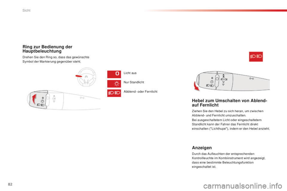 CITROEN C-ELYSÉE 2016  Betriebsanleitungen (in German) 82
Ring zur Bedienung der 
Hauptbeleuchtung
drehen sie den Ring so, dass das gewünschte 
Symbol der Markierung gegenüber steht.
li

cht aus
nur

  s
t
 andlicht
abble

nd- oder Fernlicht
Hebel zum U