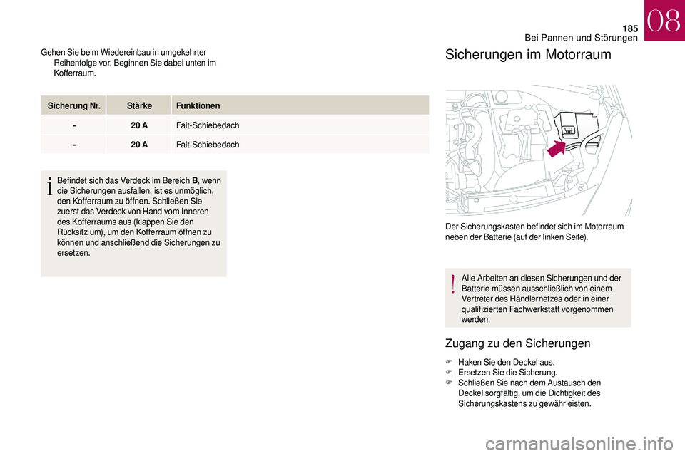 CITROEN DS3 2018  Betriebsanleitungen (in German) 185
Gehen Sie beim Wiedereinbau in umgekehrter Reihenfolge vor. Beginnen Sie dabei unten im 
Kofferraum.
Sicherung Nr. StärkeFunktionen
- 20
  AFalt-Schiebedach 
- 20
  AFalt-Schiebedach 
Befindet si
