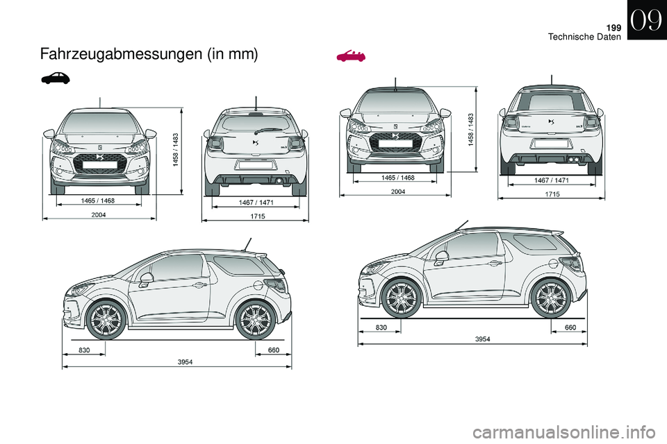 CITROEN DS3 2018  Betriebsanleitungen (in German) 199
Fahrzeugabmessungen (in mm)
09 
Technische Daten  