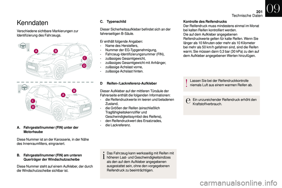 CITROEN DS3 2018  Betriebsanleitungen (in German) 201
Kenndaten
Verschiedene sichtbare Markierungen zur 
Identifizierung des Fahrzeugs.
A.Fahrgestellnummer (FIN) unter der 
Motorhaube
B. Fahrgestellnummer (FIN) am unteren 
Querträger der Windschutzs