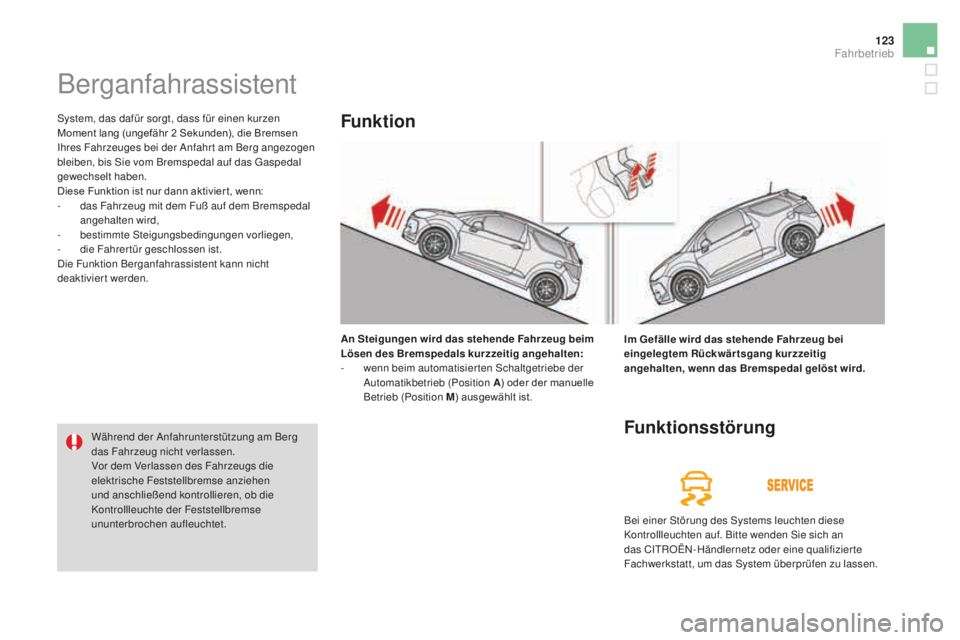 CITROEN DS3 2017  Betriebsanleitungen (in German) 123
DS3_de_Chap04_conduite_ed02-2015
Berganfahrassistent
System, das dafür sorgt, dass für einen kurzen 
Moment lang (ungefähr 2 Sekunden), die Bremsen 
Ihres Fahrzeuges bei der Anfahr t am Berg an