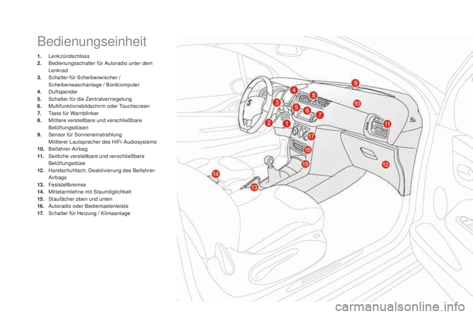 CITROEN DS3 2017  Betriebsanleitungen (in German) DS3_de_Chap00b_vue-ensemble_ed02-2015
Bedienungseinheit
1. Lenkzündschloss
2. Bedienungsschalter für Autoradio unter dem 
Lenkrad
3.
 Sc

halter für Scheibenwischer / 
Scheibenwaschanlage / Bordcom