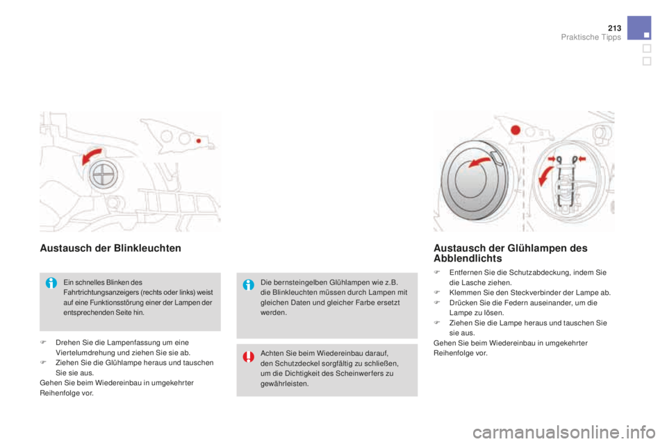 CITROEN DS3 2017  Betriebsanleitungen (in German) 213
DS3_de_Chap08_info-pratiques_ed02-2015
austausch der Blinkleuchten
Ein schnelles Blinken des 
Fahr trichtungsanzeigers (rechts oder links) weist 
auf eine Funktionsstörung einer der Lampen der 
e