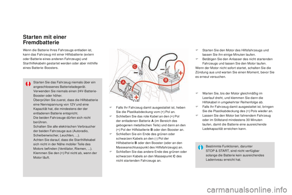 CITROEN DS3 2017  Betriebsanleitungen (in German) DS3_de_Chap08_info-pratiques_ed02-2015
Bestimmte Funktionen, darunter  
STOP & START, sind nicht ver fügbar  
solange die Batterie kein ausreichendes 
Ladeniveau erreicht hat.
Star ten Sie das Fahrze