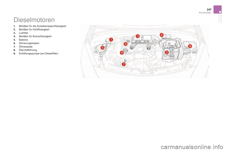 CITROEN DS3 2017  Betriebsanleitungen (in German) 247
DS3_de_Chap09_verifications_ed02-2015
Dieselmotoren
1. Behälter für die Scheibenwaschflüssigkeit
2. Be hälter für Kühlflüssigkeit
3.
 L

uftfilter
4.
 Be

hälter für Bremsflüssigkeit
5.
