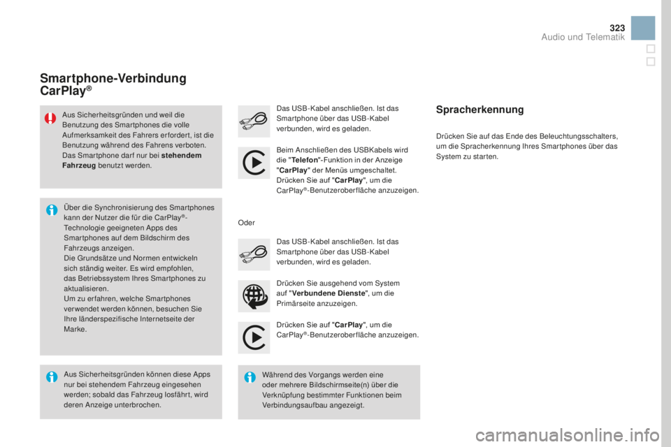 CITROEN DS3 2017  Betriebsanleitungen (in German) 323
DS3_de_Chap11c_SMEGplus_ed02-2015
Drücken Sie auf "CarPlay", um die 
CarPlay®-Benutzeroberfläche anzuzeigen.
Das USB-Kabel anschließen. Ist das 
Smar tphone über das USB- Kabel 
verbu
