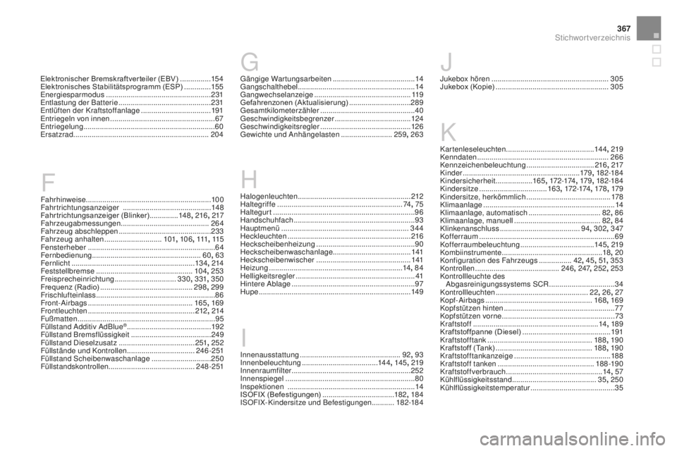 CITROEN DS3 2017  Betriebsanleitungen (in German) 367
DS3_de_Chap12_index-recherche_ed02-2015
Fahrhinweise .............................................................10 0
Fahrtrichtungsanzeiger  ........................................... 148
F
ahr