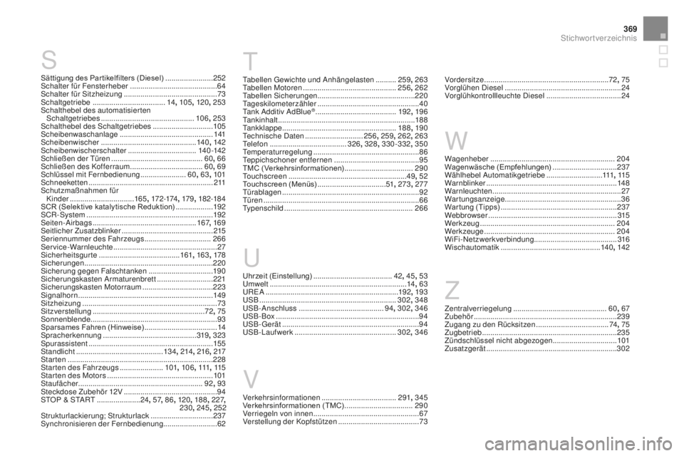 CITROEN DS3 2017  Betriebsanleitungen (in German) 369
DS3_de_Chap12_index-recherche_ed02-2015
Sättigung des Par tikelfilters (Diesel) .......................252
S chalter für Fensterheber .......................................... 64
Sc
halter für