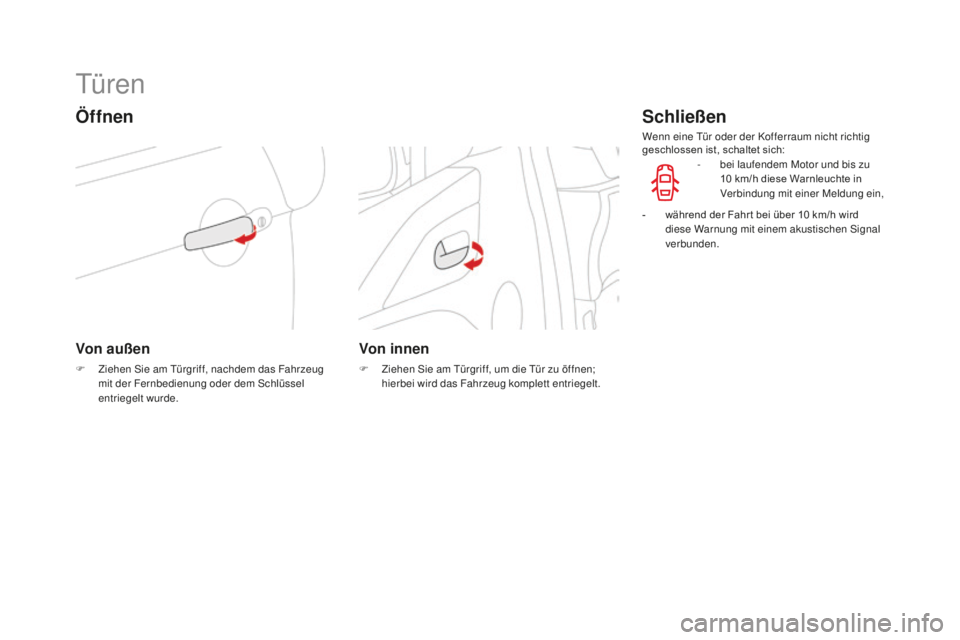 CITROEN DS3 2017  Betriebsanleitungen (in German) DS3_de_Chap02_ouvertures_ed02-2015
Türen
Öffnen
Von außen
F Ziehen Sie am Türgriff, nachdem das Fahrzeug 
mit der Fernbedienung oder dem Schlüssel 
entriegelt wurde.
Von innen
F Ziehen Sie am Tü
