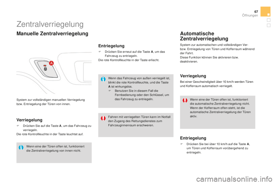 CITROEN DS3 2017  Betriebsanleitungen (in German) 67
DS3_de_Chap02_ouvertures_ed02-2015
System zur vollständigen manuellen Verriegelung 
bzw. Entriegelung der Türen von innen.
Zentralverriegelung
manuelle Zentralverriegelung
Entriegelung
F Drücken