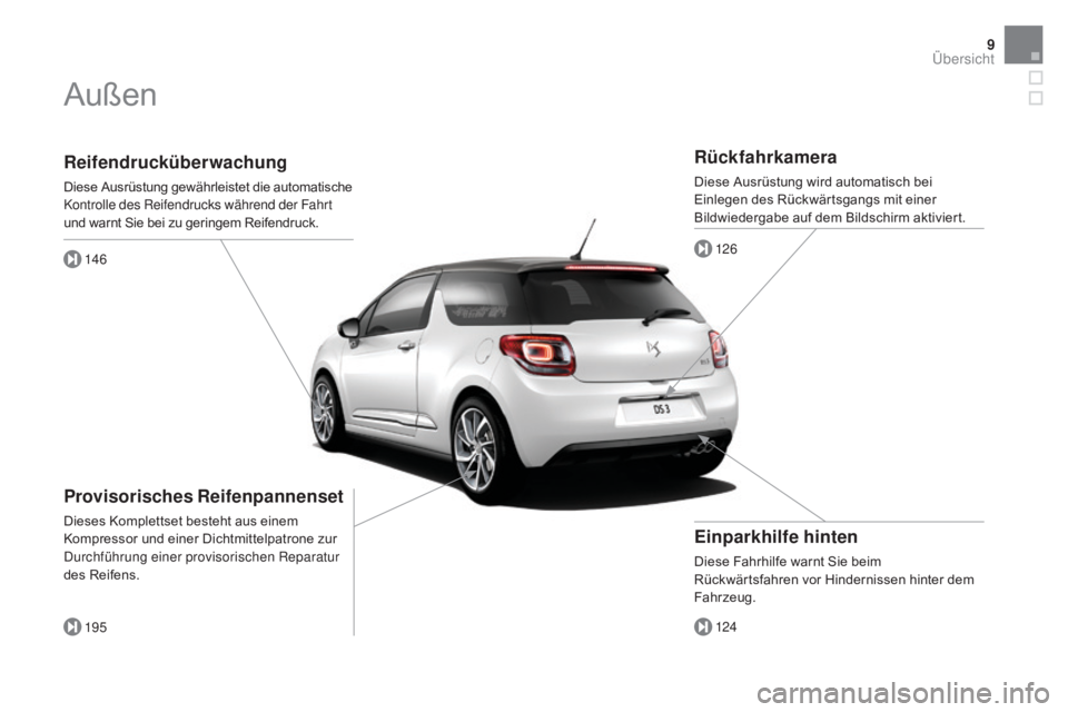 CITROEN DS3 2016  Betriebsanleitungen (in German) 9
DS3_de_Chap00b_vue-ensemble_ed01-2015
Reifendrucküberwachung
Diese Ausrüstung gewährleistet die automatische 
Kontrolle des Reifendrucks während der Fahrt 
und warnt Sie bei zu geringem Reifendr