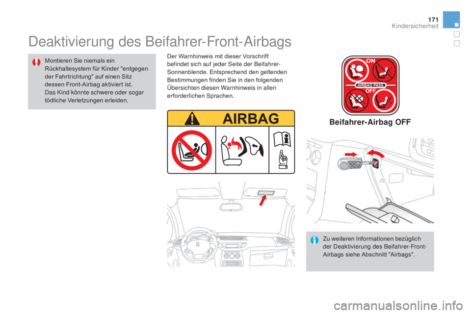 CITROEN DS3 2016  Betriebsanleitungen (in German) 171
DS3_de_Chap07_securite-enfants_ed01-2015
Deaktivierung des Beifahrer-Front-Airbags
Montieren Sie niemals ein 
Rückhaltesystem für Kinder "entgegen 
der Fahrtrichtung" auf einen Sitz 
des