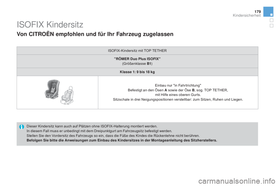 CITROEN DS3 2016  Betriebsanleitungen (in German) 179
DS3_de_Chap07_securite-enfants_ed01-2015
ISOFIX Kindersitz
Dieser Kindersitz kann auch auf Plätzen ohne ISOFIX-Halterung montiert werden.
In diesem Fall muss er unbedingt mit dem Dreipunktgurt am