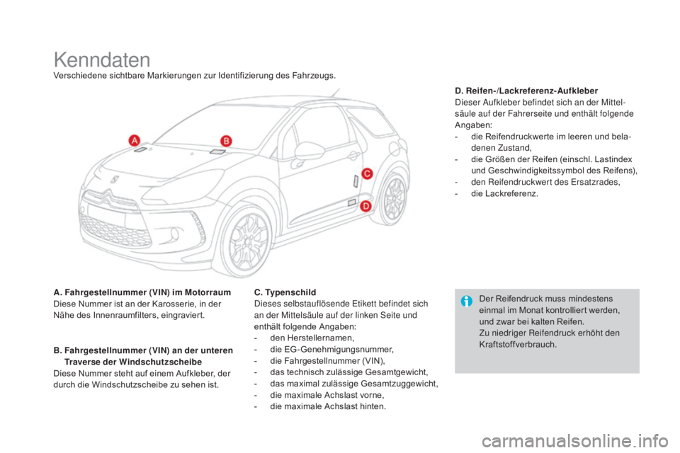 CITROEN DS3 2016  Betriebsanleitungen (in German) DS3_de_Chap10_caracteristiques_ed01-2015
KenndatenVerschiedene sichtbare Markierungen zur Identifizierung des Fahrzeugs.
a. F
ahrgestellnummer (VIN) im  m
o
 torraum
Diese Nummer ist an der Karosserie