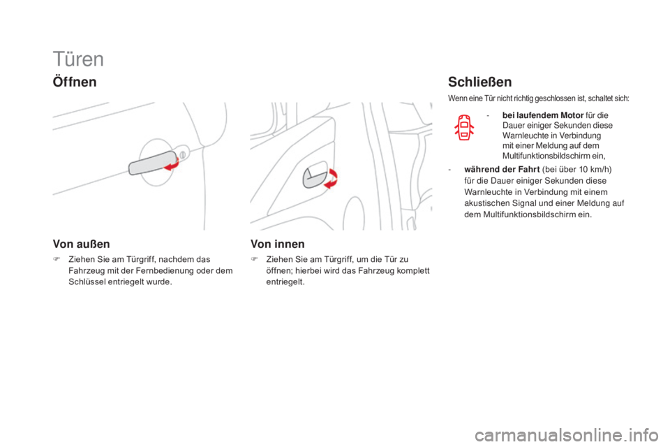 CITROEN DS3 2016  Betriebsanleitungen (in German) DS3_de_Chap02_ouvertures_ed01-2015
Türen
Öffnen
Von außen
F Ziehen Sie am Türgriff, nachdem das Fahrzeug mit der Fernbedienung oder dem 
Schlüssel entriegelt wurde.
Von innen
F Ziehen Sie am Tür